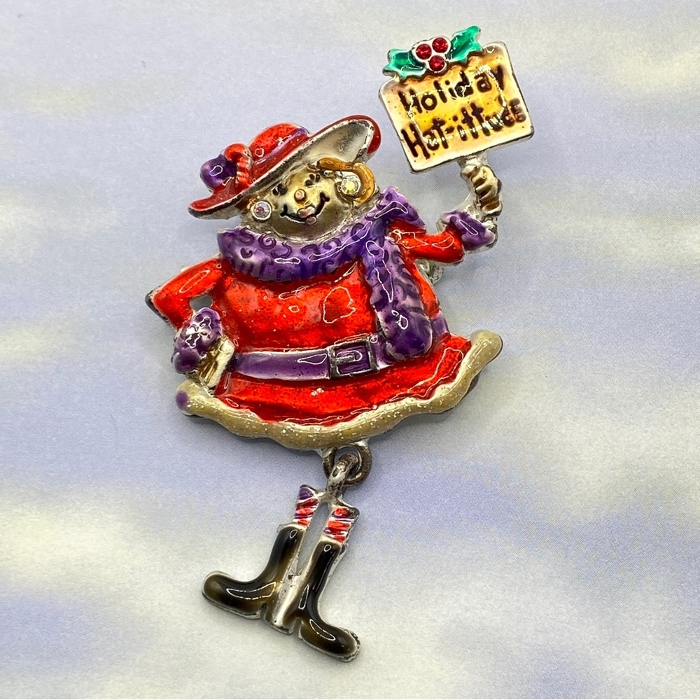 AJMC Cat Brooch "Happy Hat-ittude" Articulated Legs Red Hat Society Purple